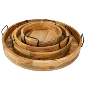 Set of 4 Round Mango Wood Trays – Food Safe, Natural & Walnut Finish (12"–24")