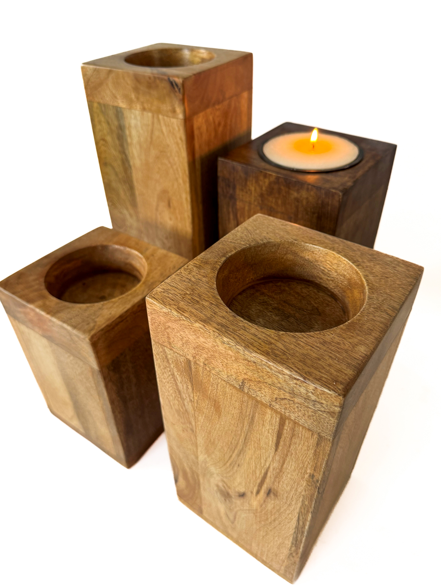 Mango Wood Pillar Trio with Candle Cup Option – Natural or Walnut Finish - Image 7