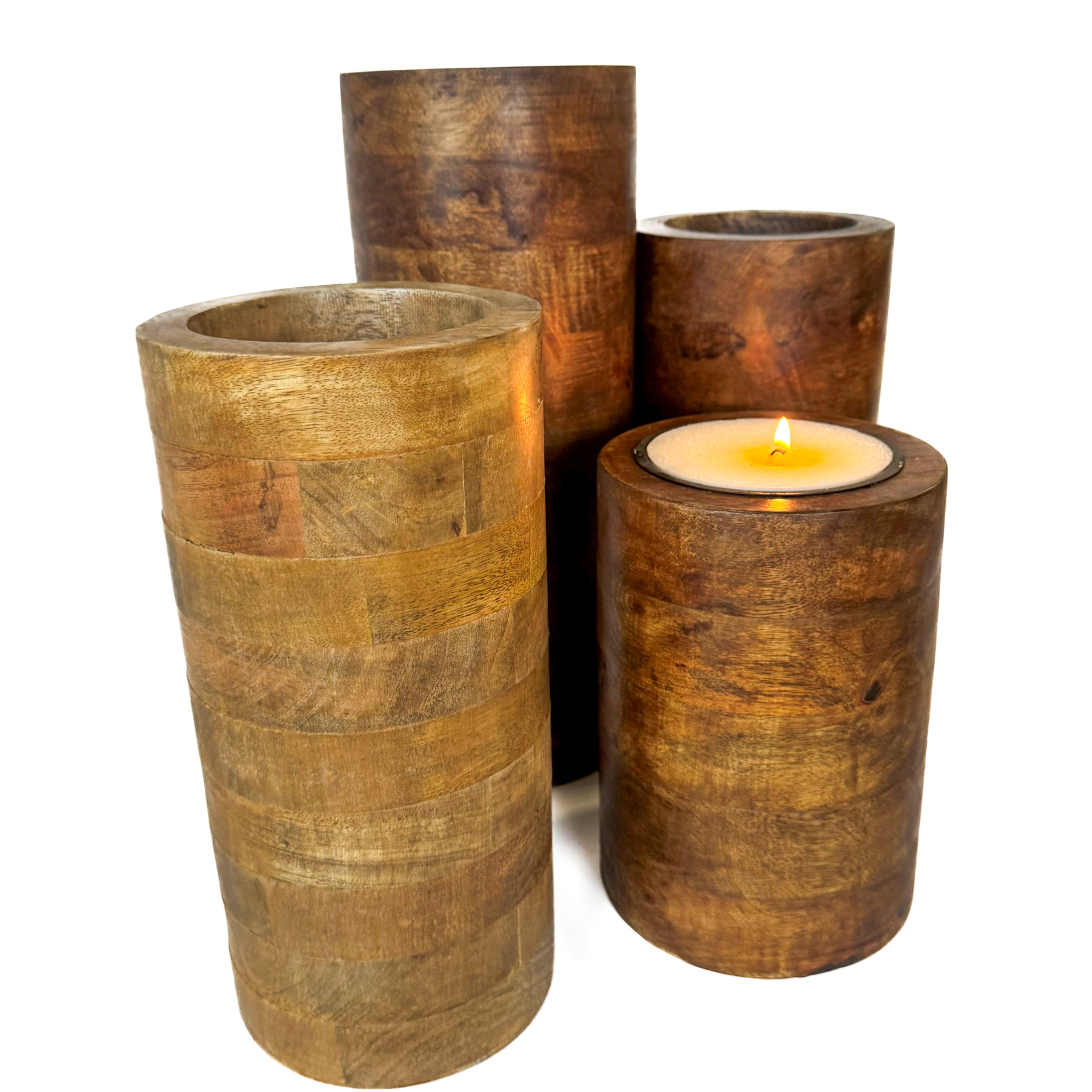 Mango Wood Pillar Trio with Candle Cup Option – Natural or Walnut Finish - Image 9