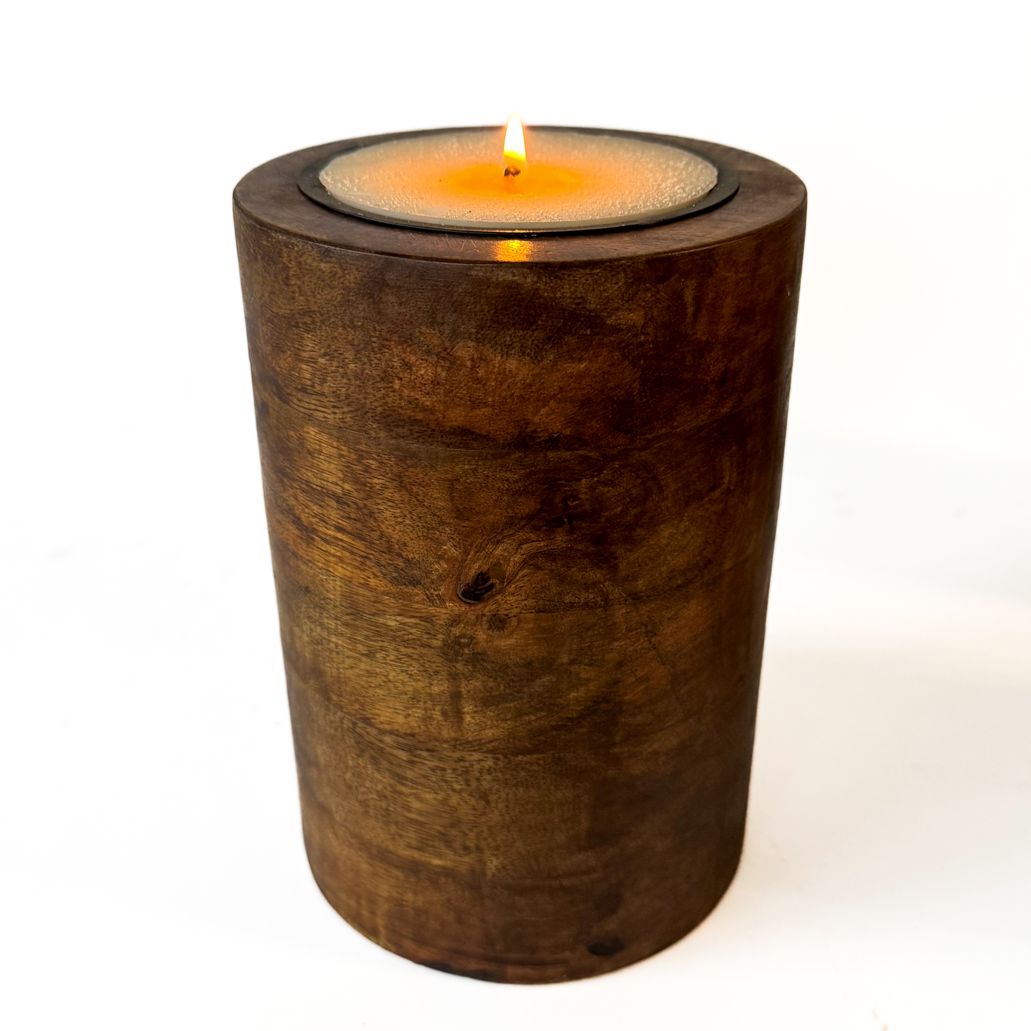 Mango Wood Pillar Trio with Candle Cup Option – Natural or Walnut Finish - Image 5