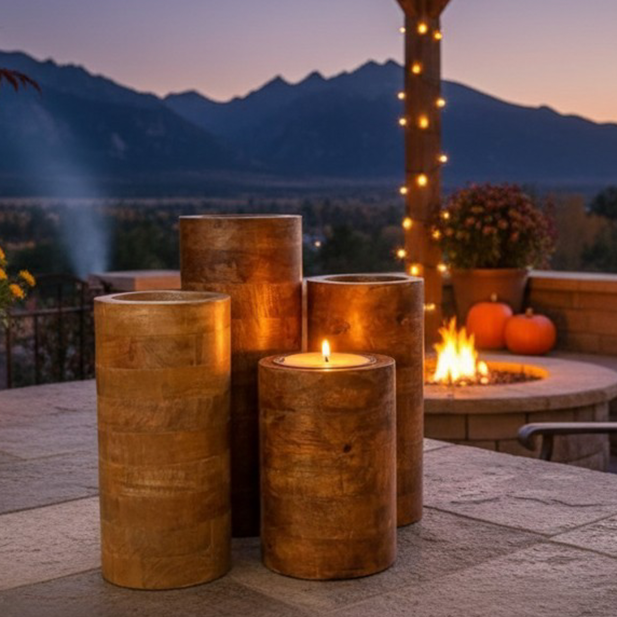 Mango Wood Pillar Trio with Candle Cup Option – Natural or Walnut Finish - Image 4