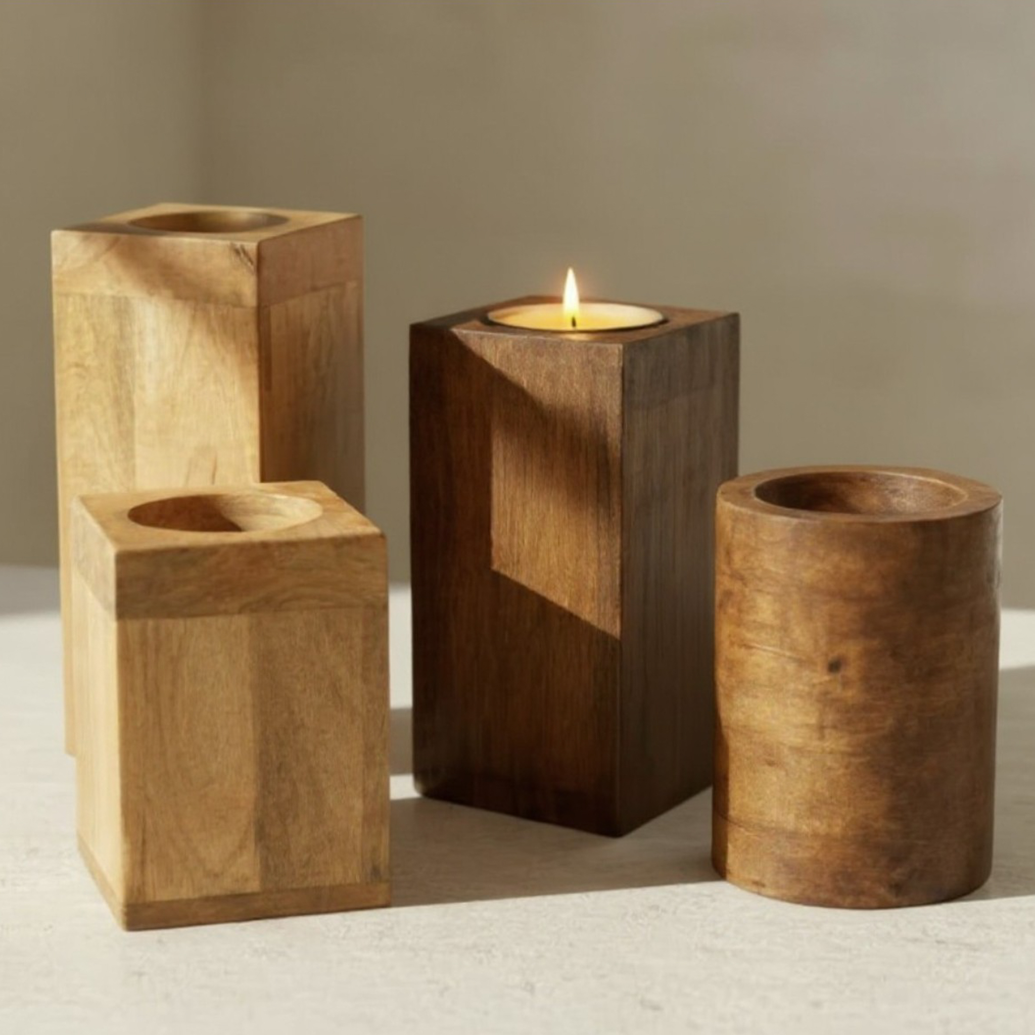 Mango Wood Pillar Trio with Candle Cup Option – Natural or Walnut Finish