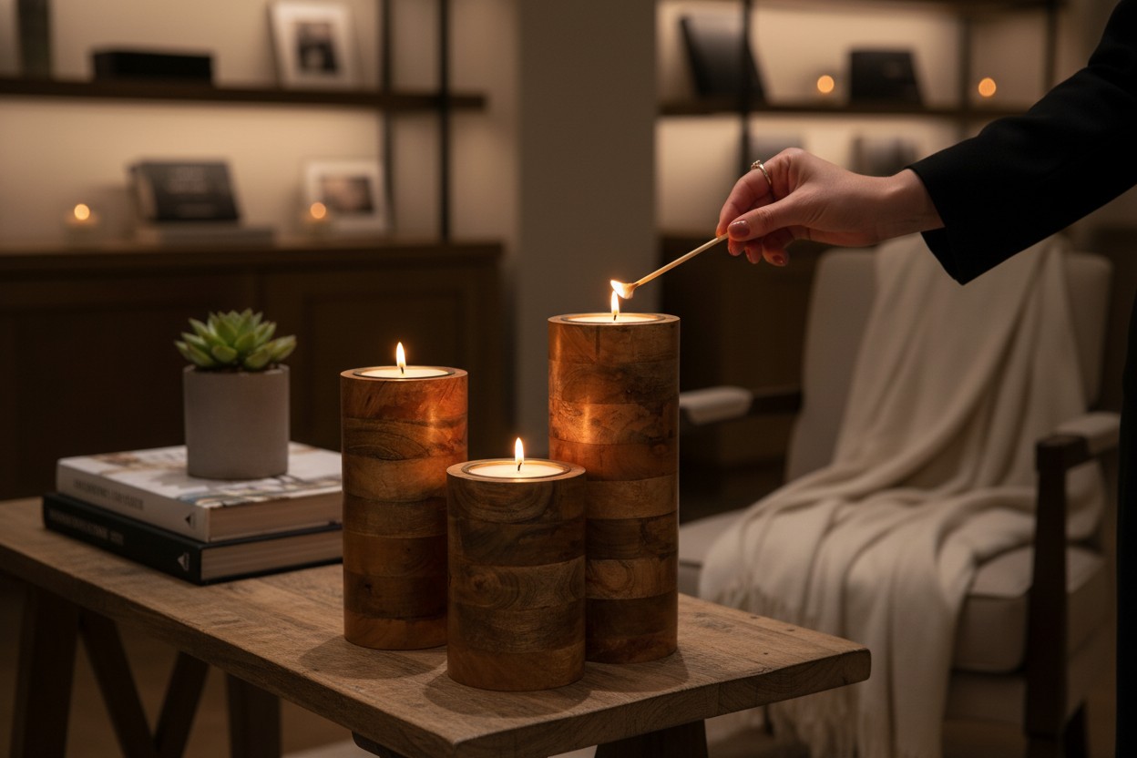 Mango Wood Pillar Trio with Candle Cup Option – Natural or Walnut Finish - Image 8