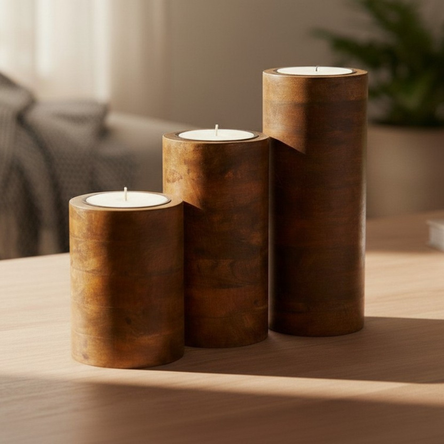 Mango Wood Pillar Trio with Candle Cup Option – Natural or Walnut Finish - Image 10